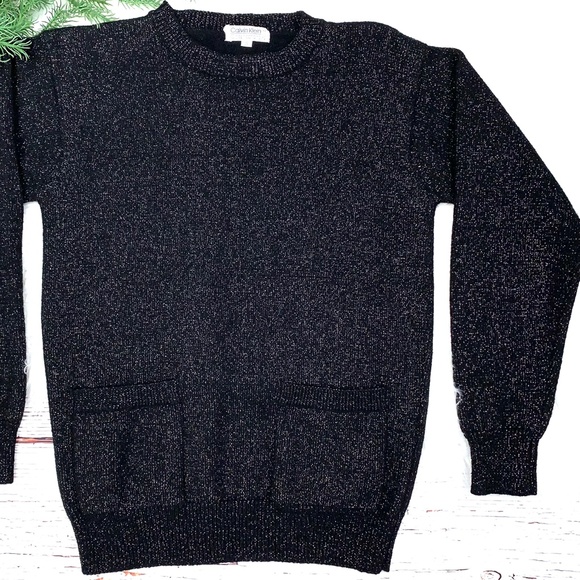 Calvin Klein Sweaters - *VINTAGE |•CALVIN KLEIN•| Black Wool Sweater w/ Gold Sparkle & Dual Pocket Front